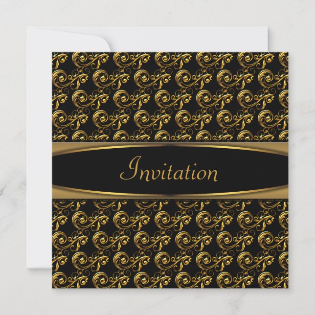 Invitation Fête élégante noir or tourbillon (Devant)