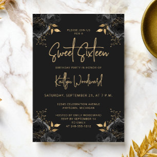 Invitation Fête élégante noire et or florale Sweet 16