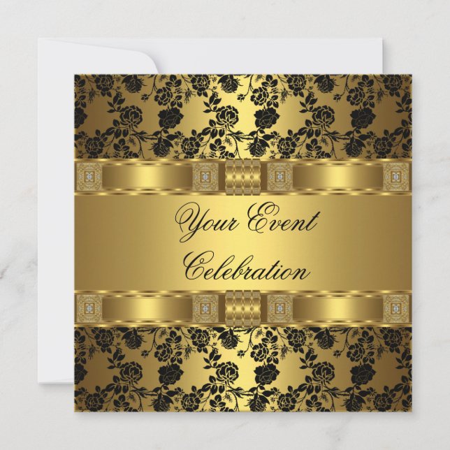 Invitation Fête Élégante Or Noir Floral (Devant)