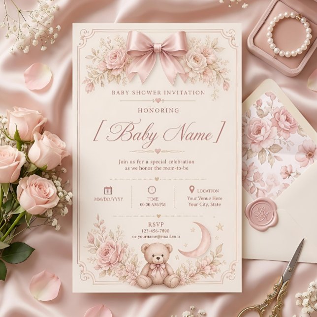 Invitation Fête Élégante Ourson Rose pour la Naissance de Béb (Créateur téléchargé)