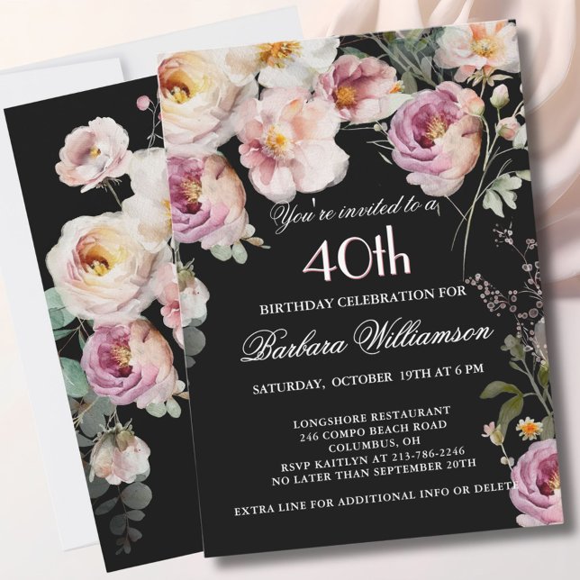 Invitation Fête élégante peinte florale 40e anniversaire (Créateur téléchargé)