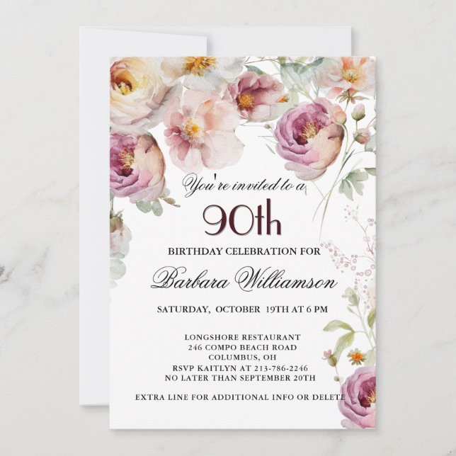 Invitation Fête élégante peinte florale 90e anniversaire (Devant)