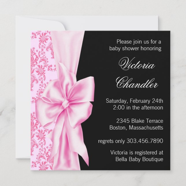 Invitation Fête élégante pour bébé fille avec ruban en damas  (Devant)