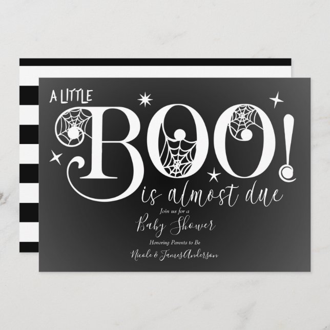 Invitation Fête élégante pour bébé noir et blanc BOO (Devant / Derrière)