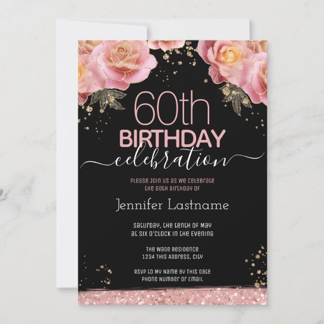 Invitation Fête élégante pour un 60e anniversaire : thème flo (Devant)