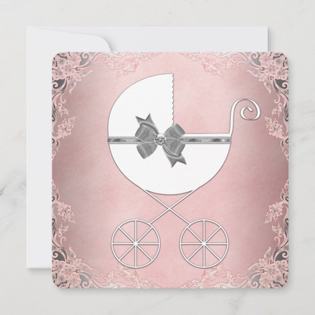 Invitation Fête élégante rose et grise pour bébé fille (Devant)