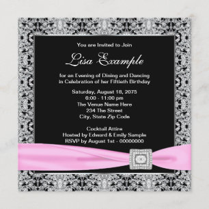 Invitation Fête élégante rose et noire pour les 50 ans d'une 