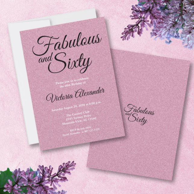 Invitation Fête élégante rose pailletée 'Fabuleuse et Soixant (Elegant Pink Glitter Fabulous and Sixty Birthday Invitation)
