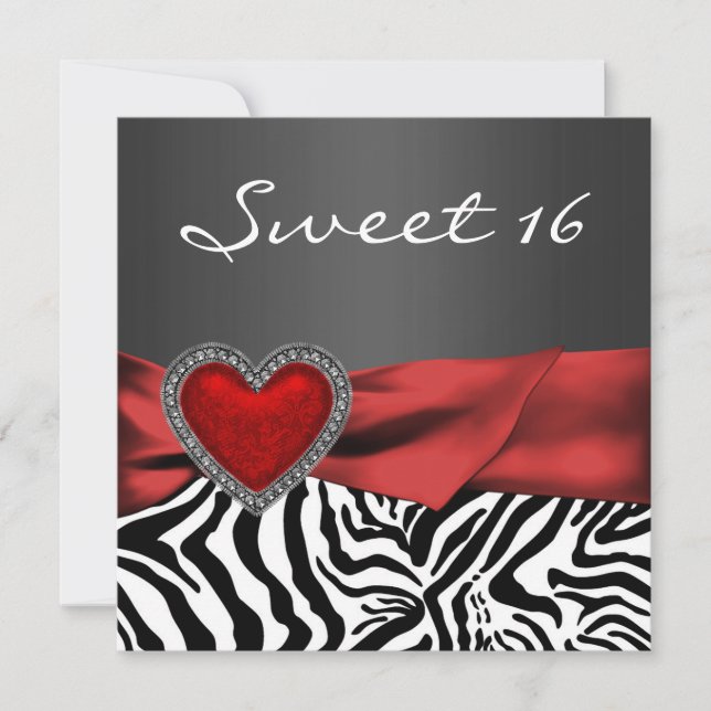 Invitation Fête élégante Sweet 16 Red Zebra (Devant)