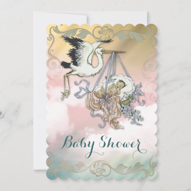 Invitation Fête élégante vintage bébé cigogne (Devant)