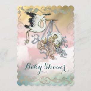 Invitation Fête élégante vintage bébé cigogne