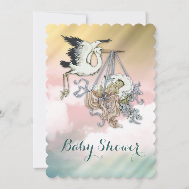 Invitation Fête élégante vintage bébé cigogne (Devant)