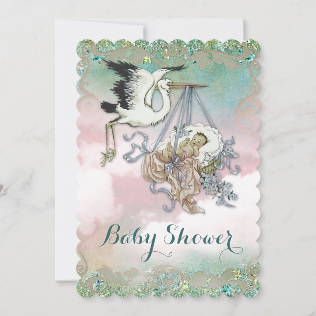 Invitation Fête élégante vintage bébé cigogne (Devant)