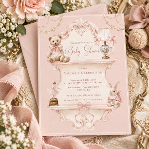 Invitation Fête élégante vintage rose pour bébé