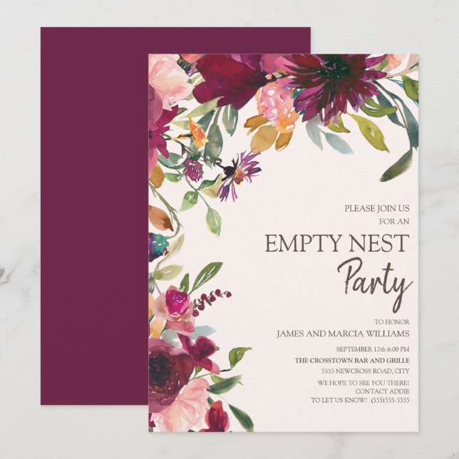 Invitation Fête Élégante Violet Rose Or Fleurs Empty Nest (Devant / Derrière)