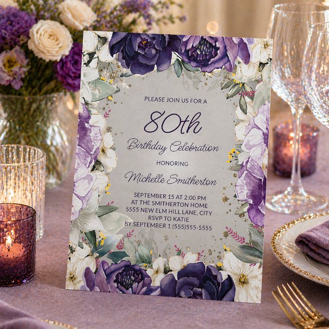 Invitation Fête élégante violette et blanche avec paillettes  (Elegant purple and white watercolor floral 80th birthday party invitation)