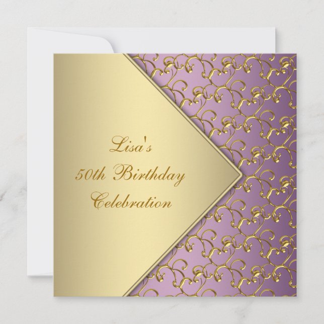 Invitation Fête élégante violette et dorée pour les 50 ans d' (Devant)