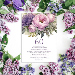 Invitation Fête élégante violette rose florale 60e anniversai