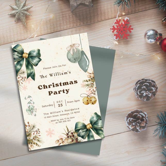 Invitation Fête Émeraude Verte Coquette Noël (Festive Emerald Green Coquette Christmas Party Invitation)
