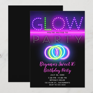 Invitation Fête en néon lumineux soirée Black Glow Party d'an