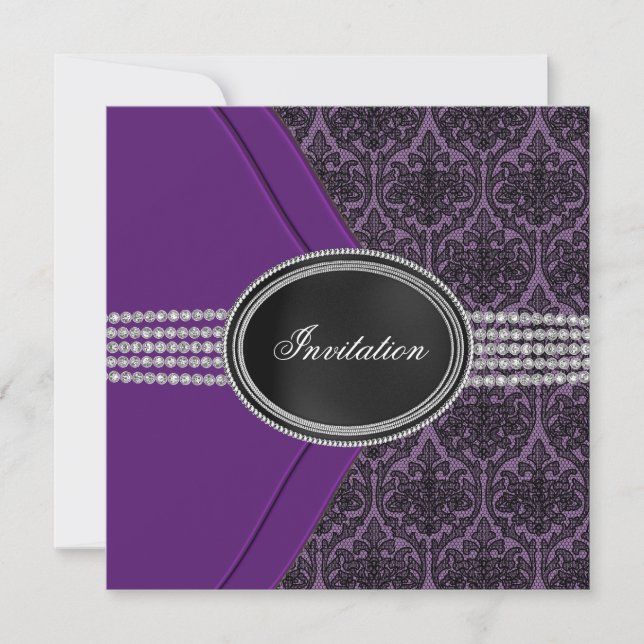 Invitation Fête en noir et dentelle violette avec diamants (Devant)