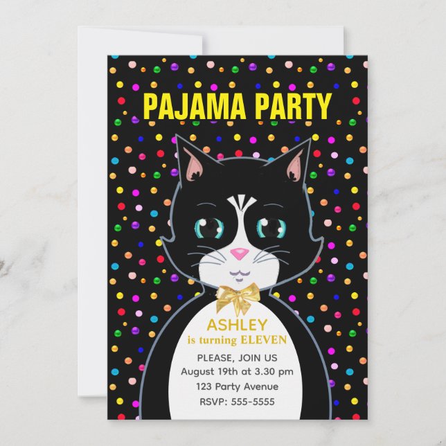 Invitation Fête en pyjama et chat d'anniversaire en smoking m (Devant)