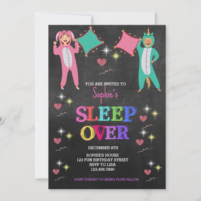 Invitation Fête en Pyjama pour Filles, Fête de Nuit, Annivers (Devant)