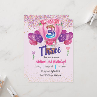 Invitation Fête en rose : Balloon Confetti 3e anniversaire