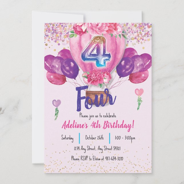 Invitation Fête en rose : Confetti Balloon 4e anniversaire (Devant)