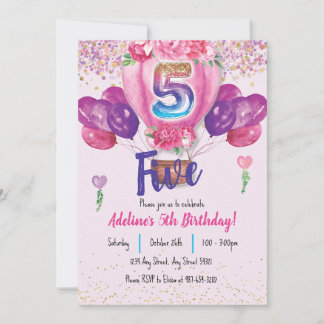 Invitation Fête en rose : Confetti Balloon 5e anniversaire