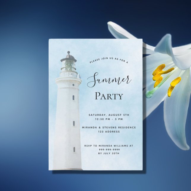 Invitation Fête estivale phare plage côtière bleu (Créateur téléchargé)