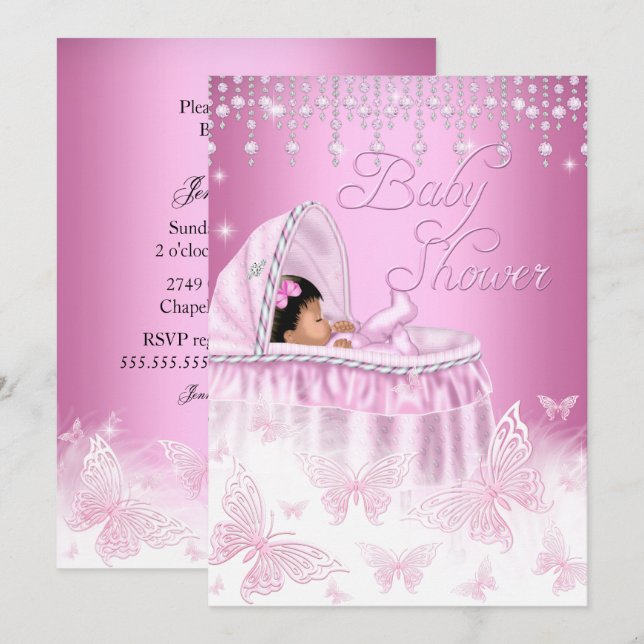 Invitation Fête Ethnique Bébé Papillon Rose Brillant (Devant / Derrière)