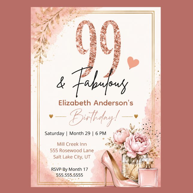Invitation Fête fabuleuse des 99 ans de Peony et Parfum (Blush pink rose gold 99 and Fabulous floral birthday invitation with feminine glam style
)