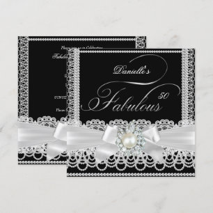 Invitation Fête Fabuleuse Noir Blanc Perle Ruban en Dentelle