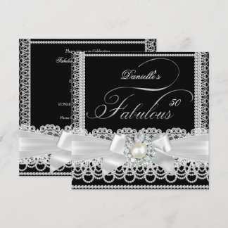 Invitation Fête Fabuleuse Noir Blanc Perle Ruban en Dentelle