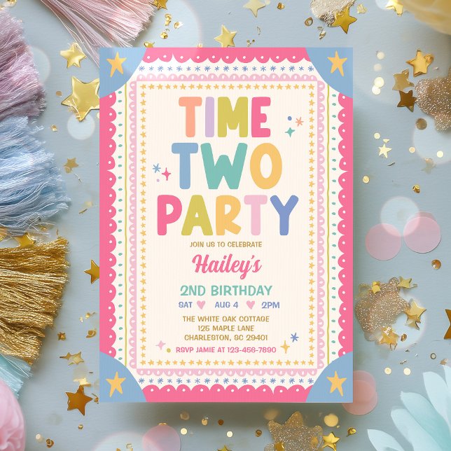 Invitation Fête Fantaisiste Fille Deux Ans Anniversaire Time  (Créateur téléchargé)