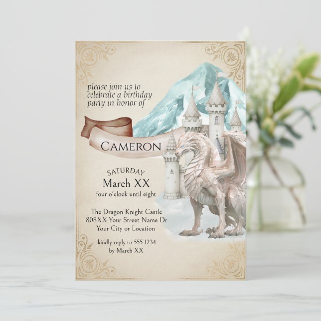 Invitation Fête Fantastique de Dragon de Glace et de Château (Debout devant)