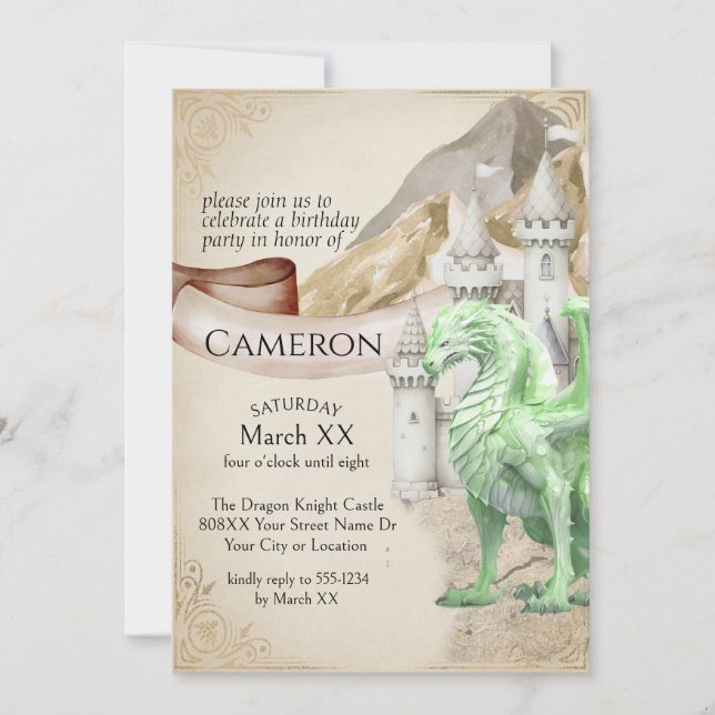 Invitation Fête Fantastique du Dragon Vert et du Château (Devant)