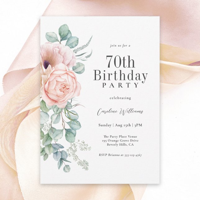 Invitation Fête féminine rose et beige Floral 70e anniversair (Available as printed and paperless digital download!)