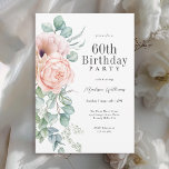 Invitation Fête féminine rose et beige florale 60e anniversai<br><div class="desc">Une magnifique invitation à fêter un 60ème anniversaire dans un style élégant, ce charmant aquarelle fleurie design est bordée de rose et pêche roses et pavots avec belle végétation d'eucalyptus traînant. Tout le texte peut être personnalisé pour votre fête, y compris l'invité d'honneur. Cette invitation est disponible en téléchargement numérique...</div>