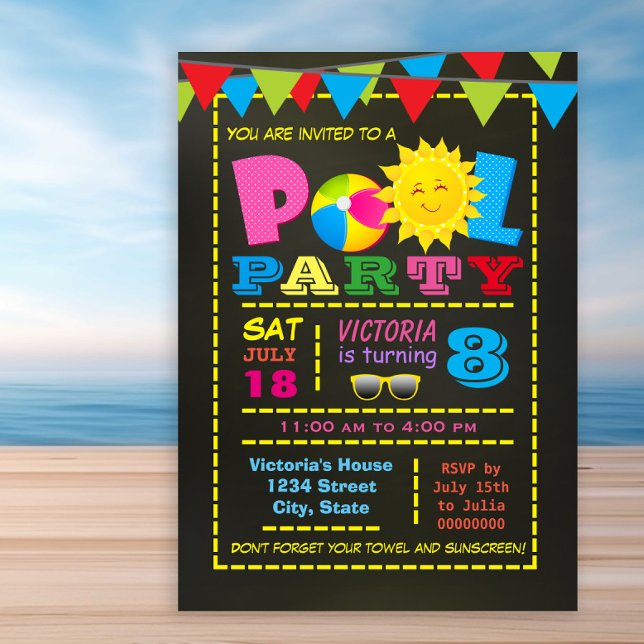 Invitation Fête festive de fête d'anniversaire pour filles à  (Cute girl any number pool birthday party invitation. Simply add your event details.)