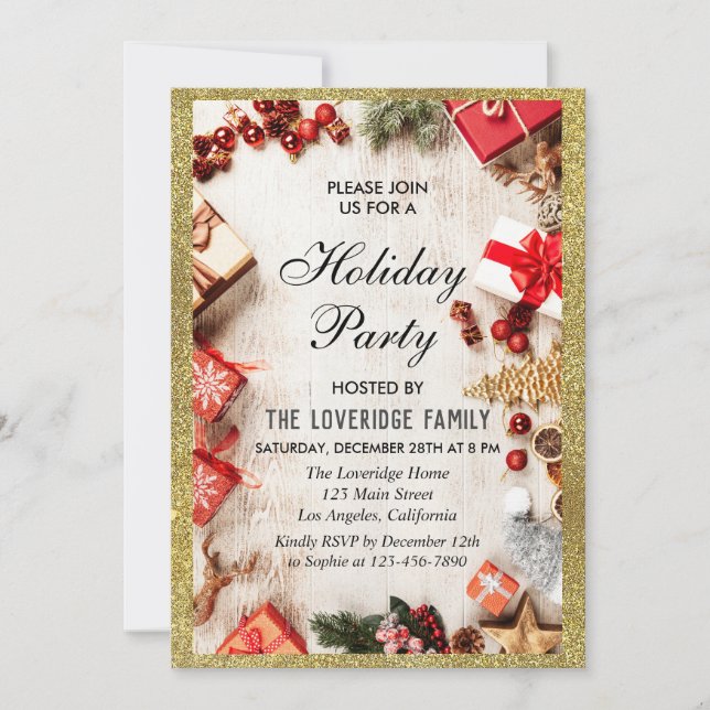 Invitation Fête festive de Noël en blanc et or pailleté (Devant)