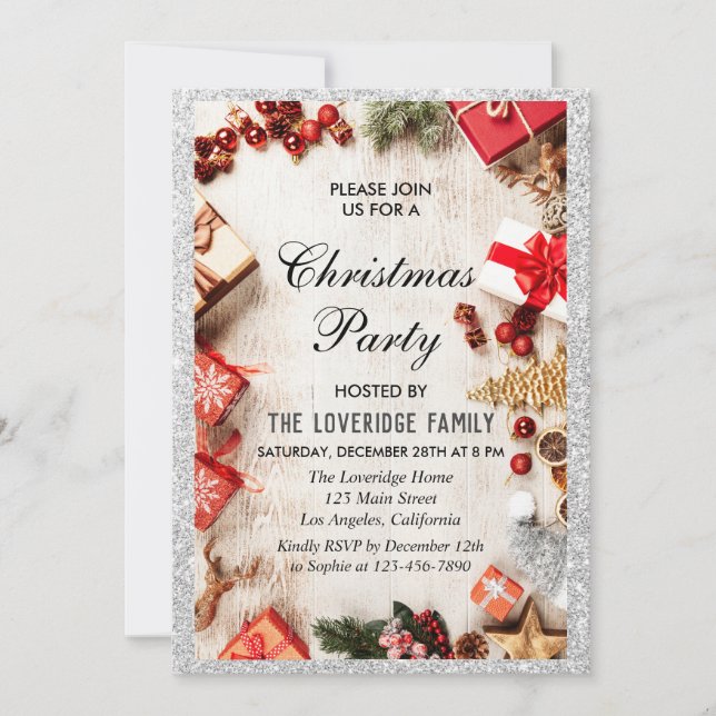 Invitation Fête festive de Noël paillettes argentées (Devant)