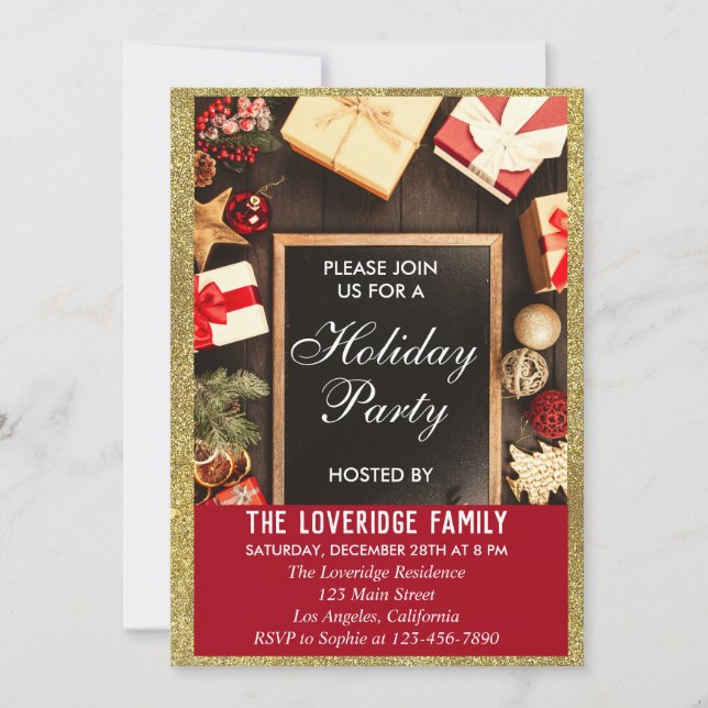 Invitation Fête festive de Noël, paillettes rouges et or (Devant)