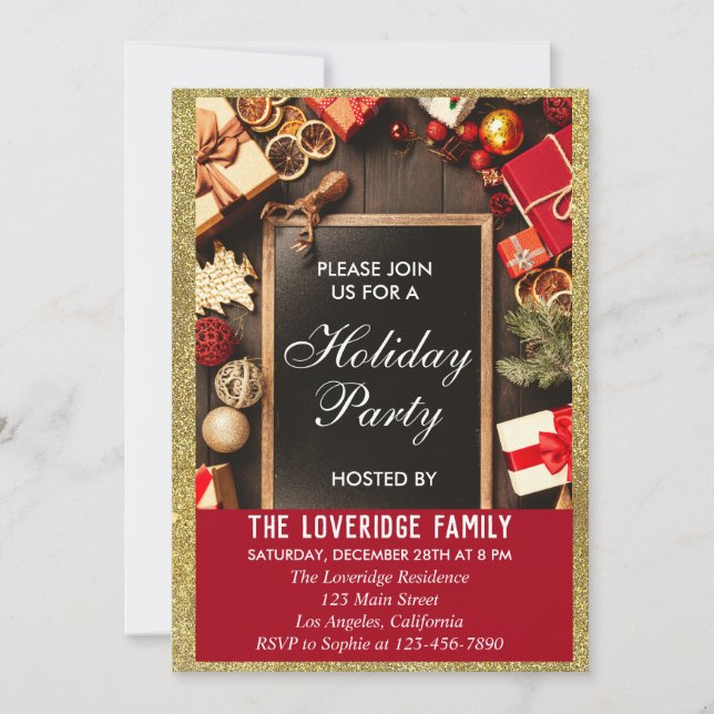 Invitation Fête festive de Noël, paillettes rouges et or (Devant)