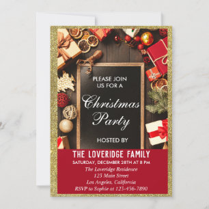 Invitation Fête festive de Noël, paillettes rouges et or