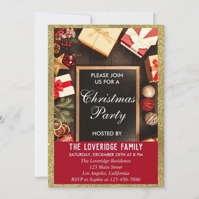 Invitation Fête festive de Noël, paillettes rouges et or (Devant)