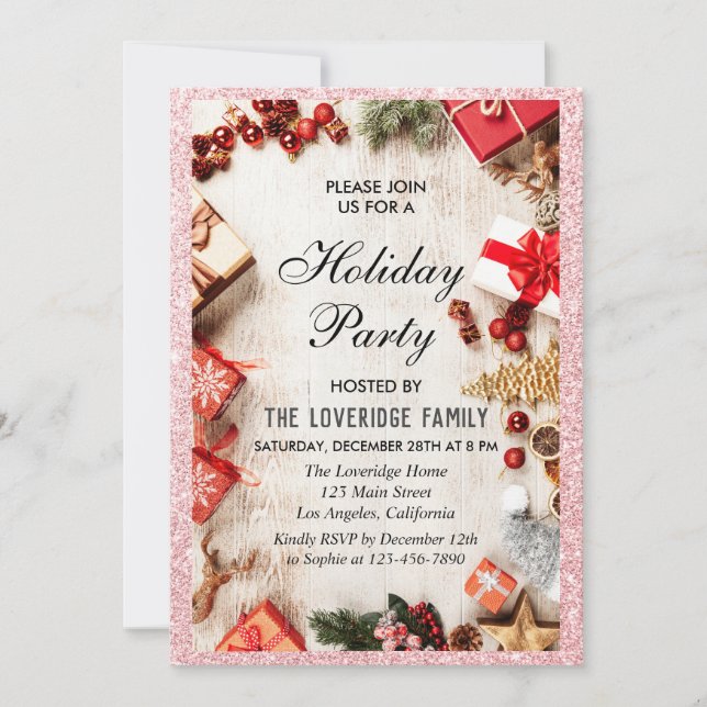 Invitation Fête festive de Noël Rose Gold Pailleté (Devant)