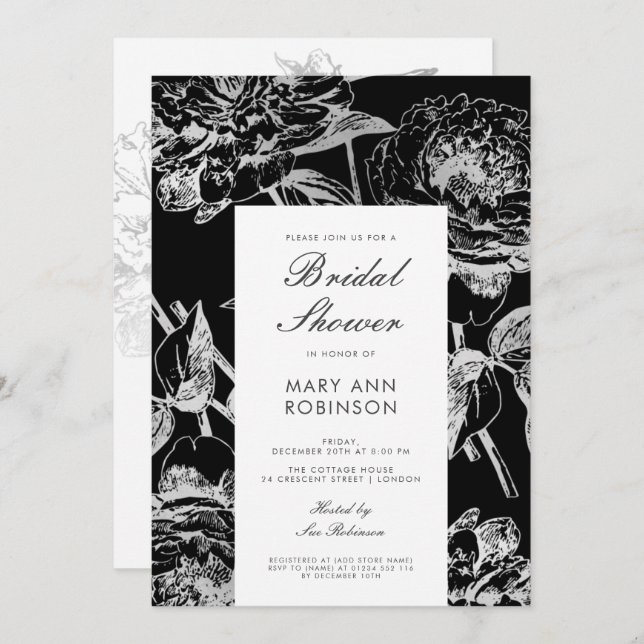 Invitation Fête Fête de l'mariée simple Floral Silver Black (Devant / Derrière)