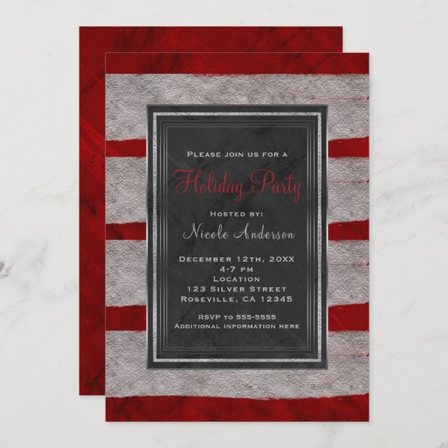 Invitation Fête Fête moderne Marbre rouge & Noël Argent (Devant / Derrière)